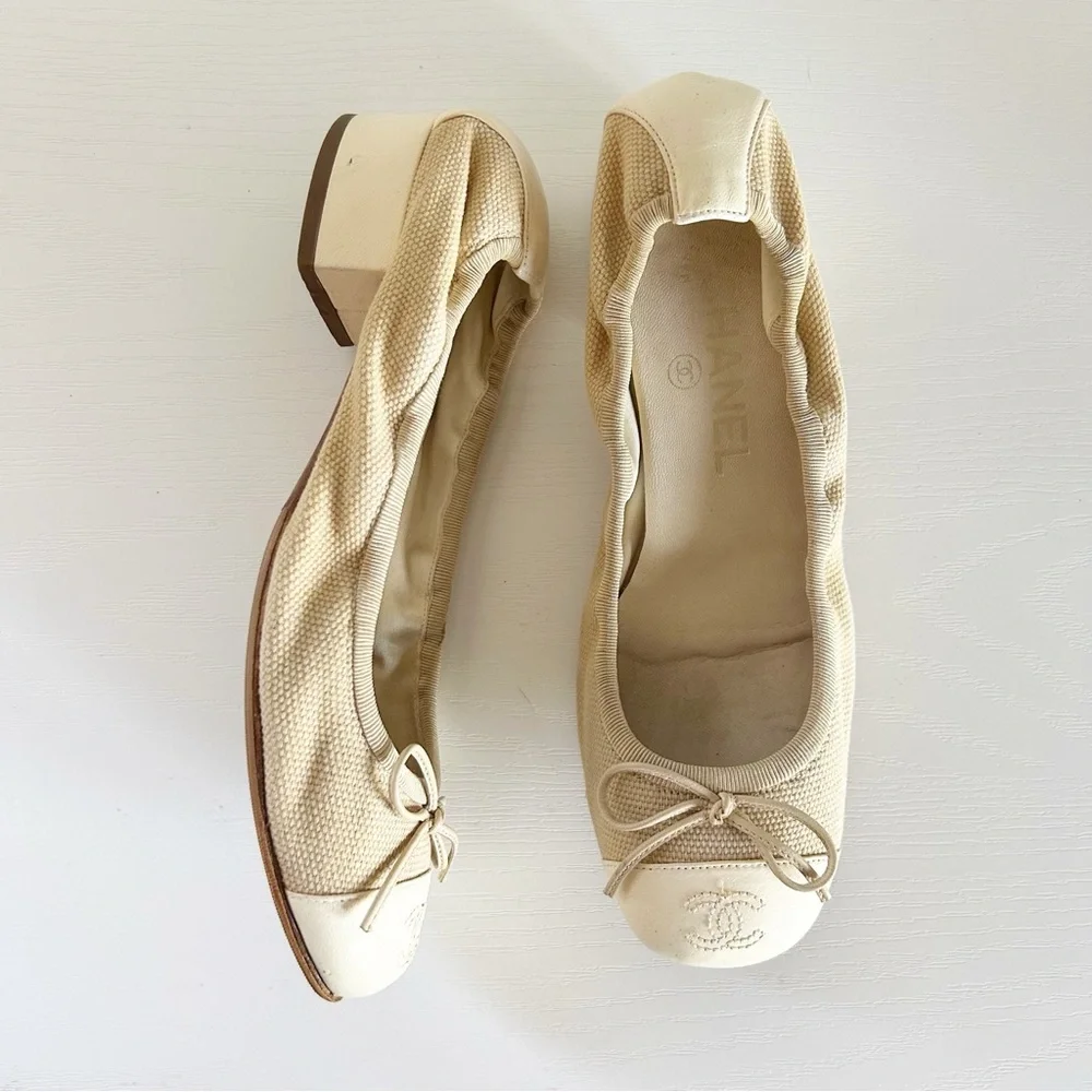 Chanel Low Block Heel Pumps Beige Fabric CC Cap Toe Bow EU 36.5C US 6.5
